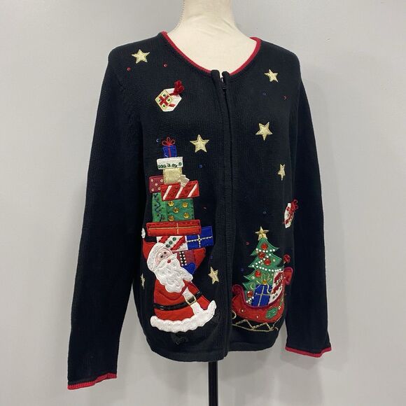 VTG Tiara Int'l M Black Ugly Christmas Sweater Zipper Cardigan Santa Embroidered - Picture 4 of 16